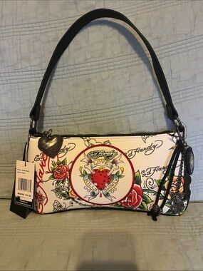 Ed Hardy White Shoulder Bag with Red Rose and Black Strap